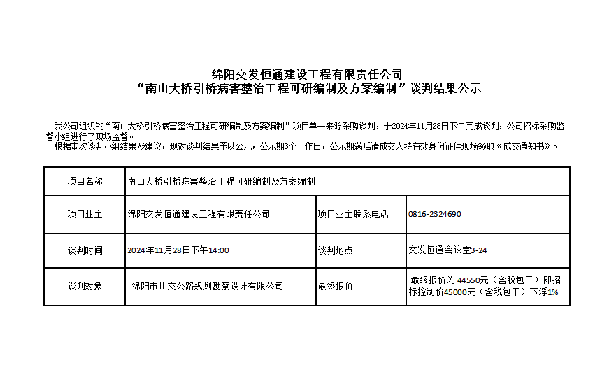 绵阳交发恒通建设工程有限责任公司“南山大桥引桥病害整治工程可研编制及方案编制”谈判结果公示.png